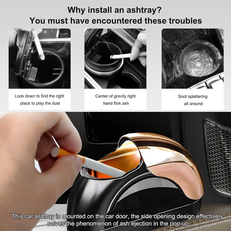 Wevdn Car Ashtray with Lid, Portable Smokeless Automotive Ashtray with LED Light, Windproof, Modern Style, Black & Golden - Image 4
